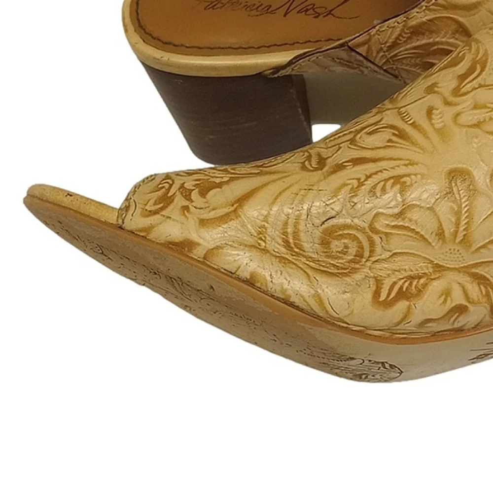 PATRICIA NASH TAN LEATHER OPEN TOE MULE HEEL SHOES WITH TOOLED FLORAL DE… - Picture 7 of 15